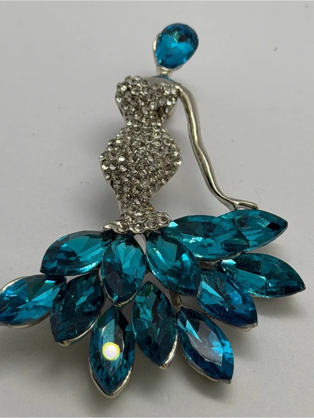 Crystal Embellished Teal Dress Brooch - Women's Jewelry
